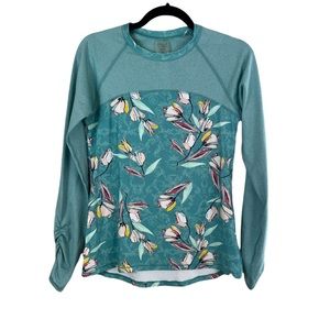 Calia by Carrie Underwood, blue+ floral long, ruched-sleeve top